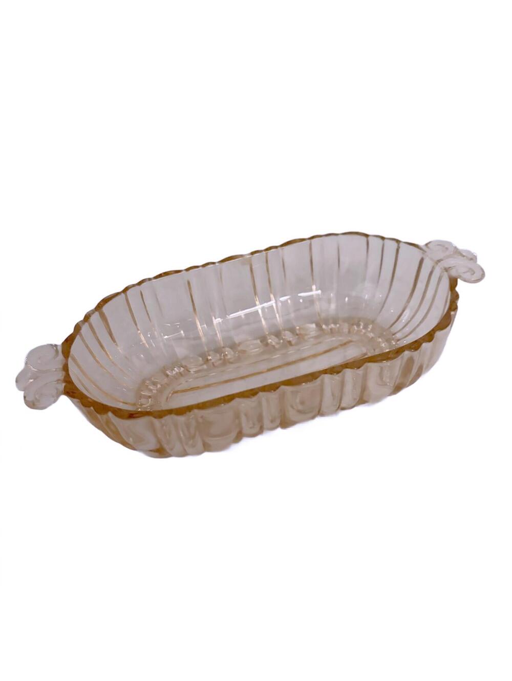 Anchor Hocking Pink glass oval relish dish ribbed pattern & two handles